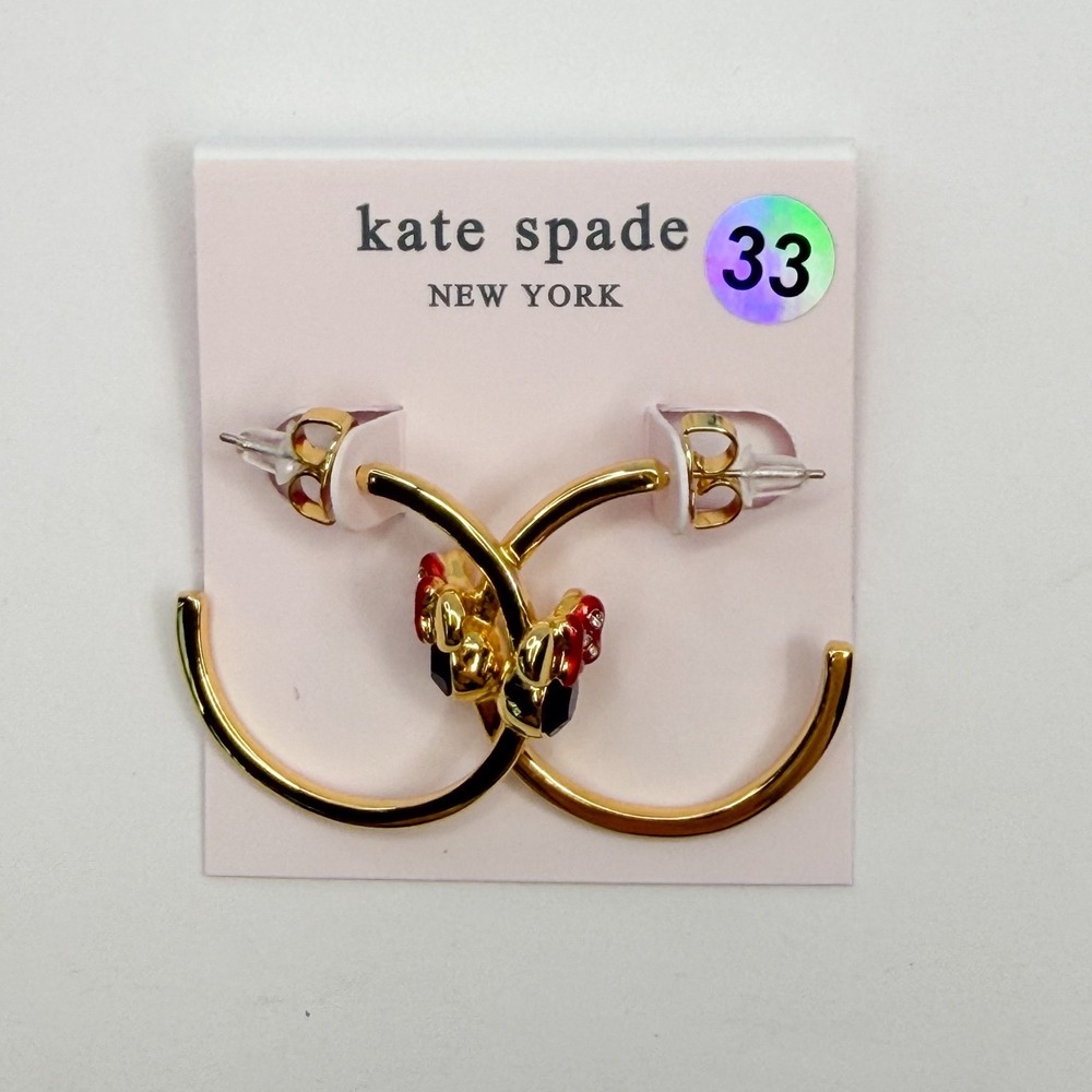 Kate Spade Disney Minnie Mouse Gold Tone Hoop Earrings Red‎ Bow Crystal NWT Cute